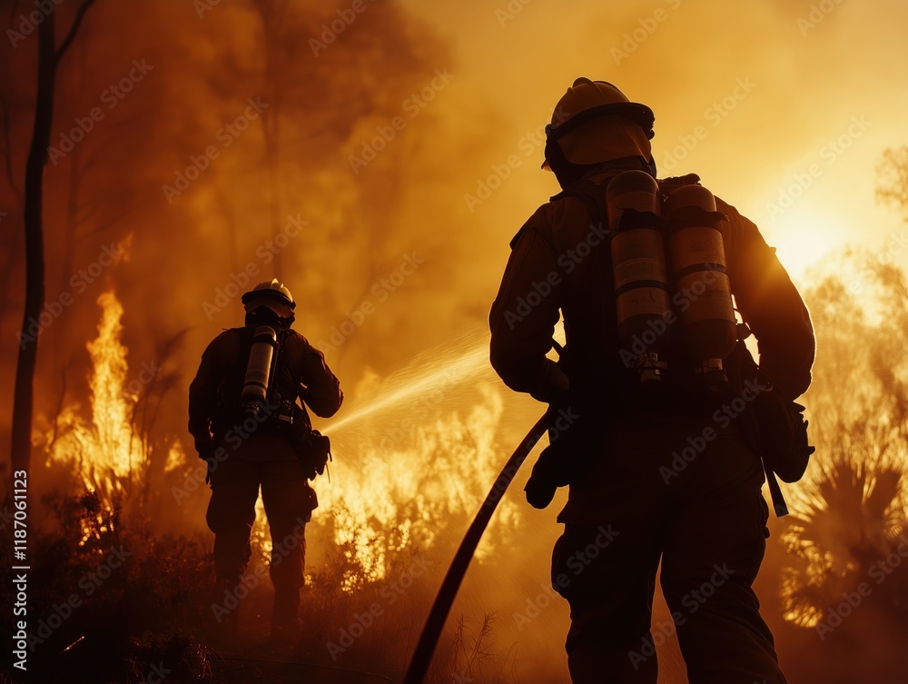 Courageous firefighters battling intense wildfire in forest setting Courageous firefighters battling intense wildfire in forest setting