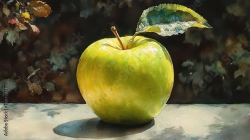 Gleaming, Fresh Green Apple, Hyper-realistic Watercolor Painting, unique tilt view photo