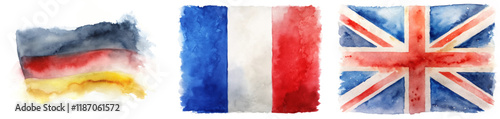 Watercolor flags, Germany France UK, artistic design, vibrant colors, cultural representation, decorative elements.