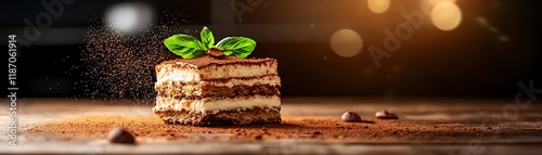 Deliciously layered tiramisu dessert garnished with fresh mint and cocoa powder on a rustic wooden table.
