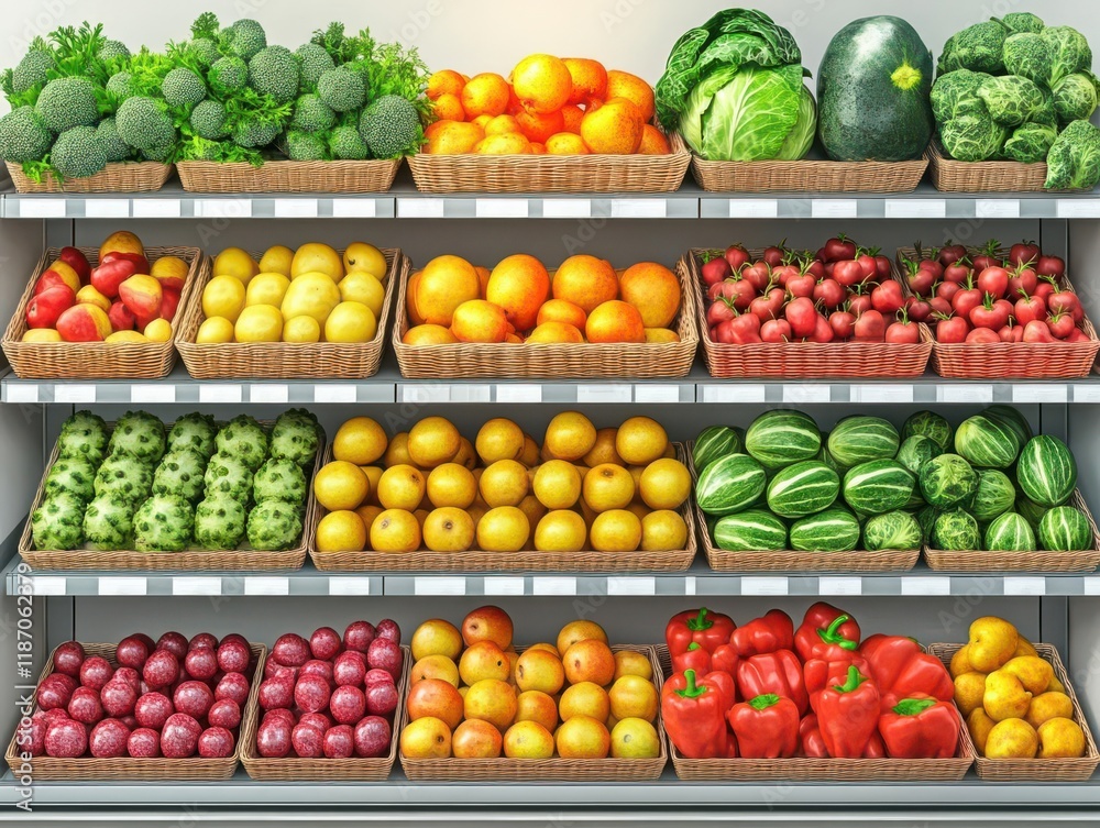 Illustrate a grocery store shelf with rows of fresh fruits and wilting vegetables Illustrate a grocery store shelf with rows of fresh fruits and wilting vegetables