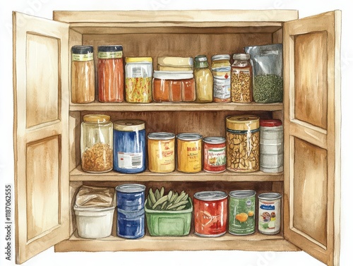 Illustrate a kitchen cabinet stocked with non-perishable items like canned goods, dried goods, and spices, emphasizing proper storage practices with a watercolor painting technique photo