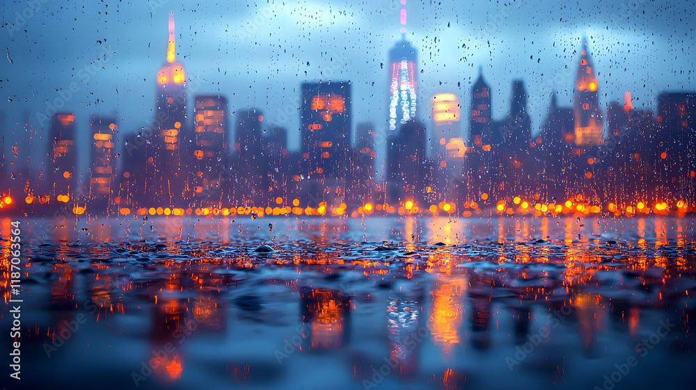 Fototapeta premium Close-up of Rain with City in the Background, Urban Mood