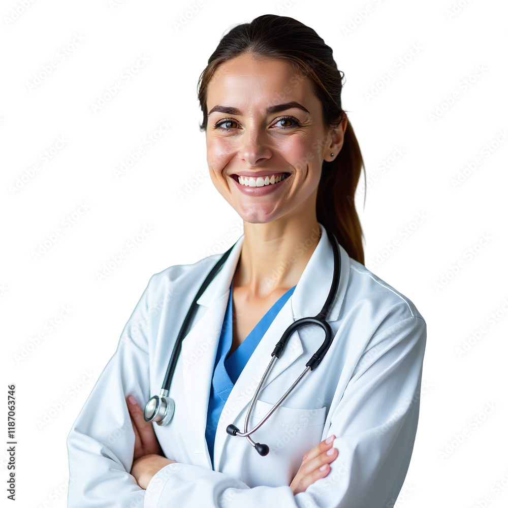 High-Resolution Portrait of Female Doctor in Medical Attire with Stethoscope, PNG High-Resolution Portrait of Female Doctor in Medical Attire with Stethoscope, PNG
