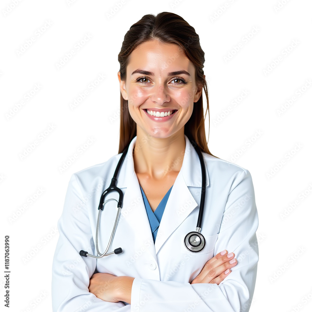 Portrait of Professional Female Doctor Wearing Stethoscope, PNG on White Background Portrait of Professional Female Doctor Wearing Stethoscope, PNG on White Background