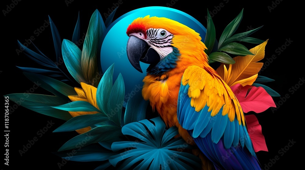 Obraz premium Vibrant macaw parrot amidst lush tropical foliage, a striking contrast of colors against a dark background.