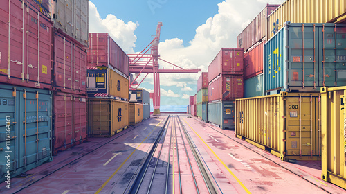 A bustling shipping port with colorful containers stacked high, awaiting transport.