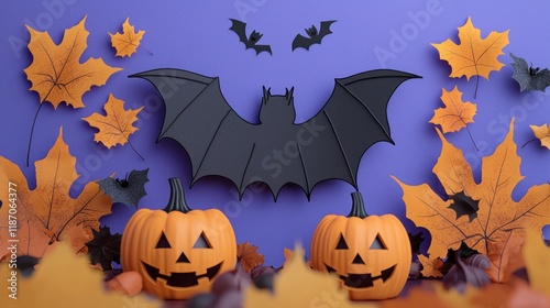 Halloween-themed decoration with pumpkins and bats. photo