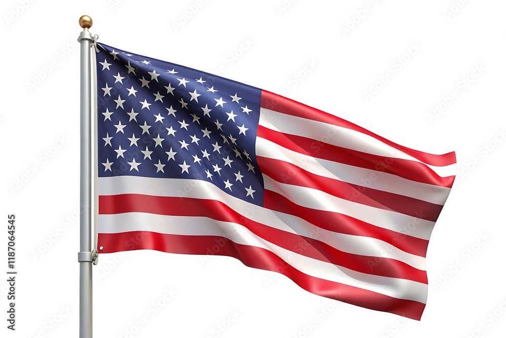 Fototapeta premium Waving American flag on pole isolated on white background