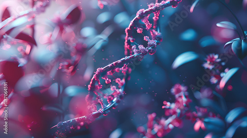 A stylized image of a DNA double helix against a backdrop of blurred foliage, merging science and nature.