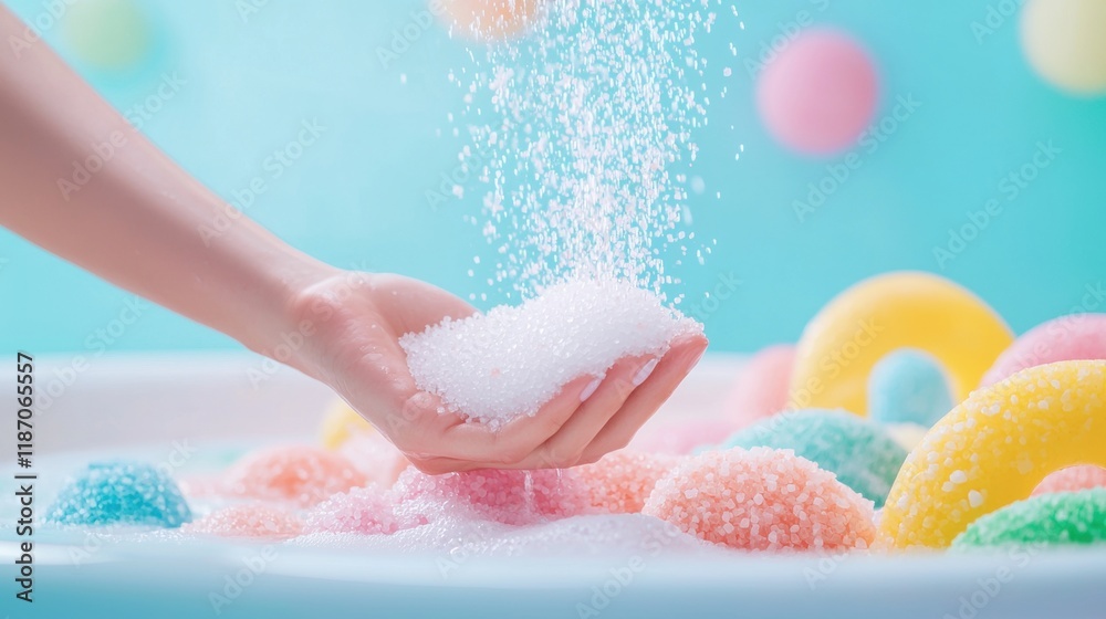 Fototapeta premium An underwater shot of a hand gently swirling bath salts in a bathtub, creating a colorful and inviting visual, perfect for spa and self care themes.