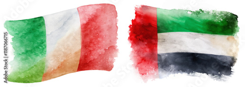 Watercolor flags, Italy and UAE, vibrant colors, artistic representation, cultural symbols, international relations, decorative art.