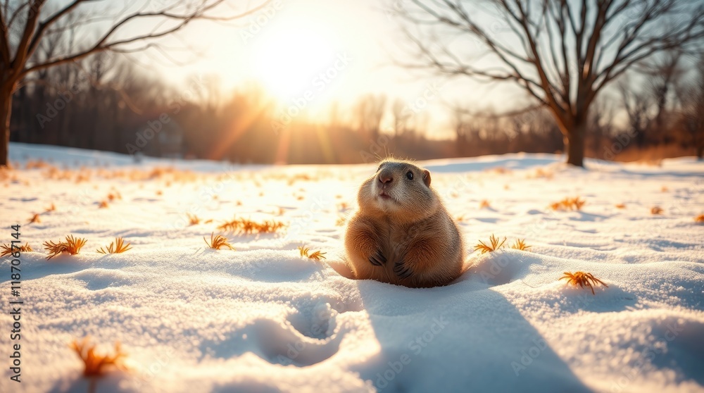 Obraz premium groundhog peeks from its burrow in a snowy field. Iridescent reflections and soft background
