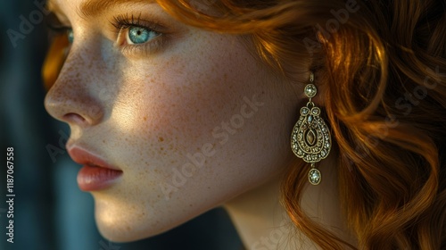 Redhead Woman Profile with Freckles and Earrings photo