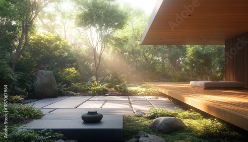 Serene Japanese garden with stone path, modern architecture, and lush greenery bathed in sunlight. Ideal for illustrating tranquility, zen, nature, and modern design concepts. photo