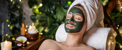 Spa treatment, woman with clay face mask, white towel on head, relaxation, skincare, self-care, beauty routine, green plants in background, candles, soft lighting, wellness, pampering, close-up portra photo