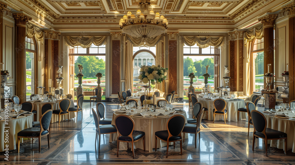 Fototapeta premium Luxury restaurant interior design featuring dining tables and chairs in a well-lit, elegant room with large windows and stylish architecture