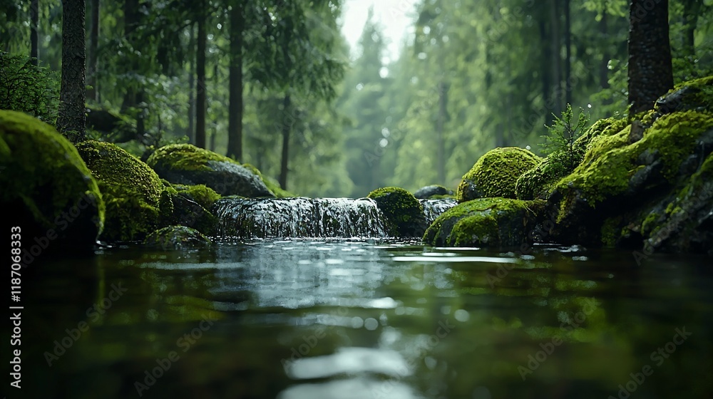 Obraz premium Tranquil forest stream flowing over moss-covered rocks.
