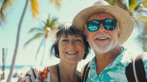 Wallpaper Mural senior couple tourist. Enjoy free time outdoors near the sea on the beach. Looking at the camera while relaxing on a clear day Poses for travel selfies smiling happy tropical. Torontodigital.ca