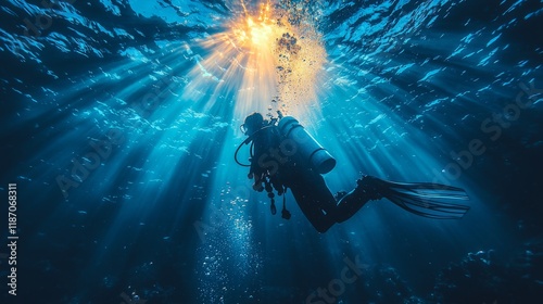 A diver surfacing after a dive, expressing relief and satisfaction, focused, dynamic scene, bright light, natural setting