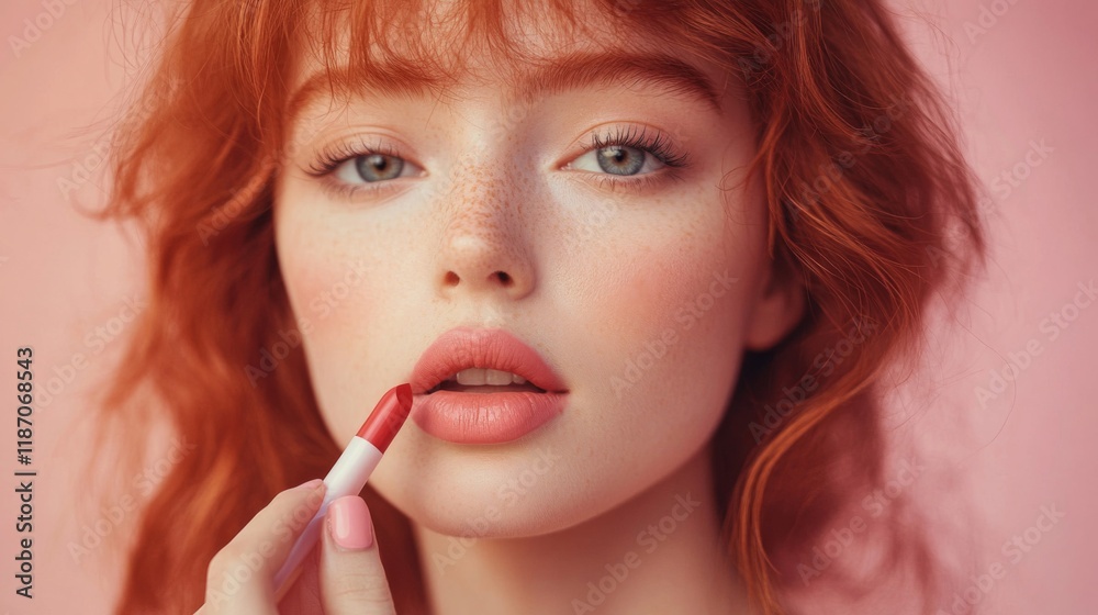 Redhead Woman Applying Lipstick With Freckles Redhead Woman Applying Lipstick With Freckles