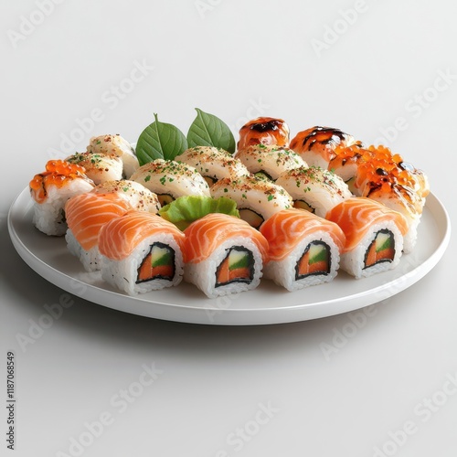 Sizzling sushi on a pristine plate, showcase vibrant colors and textures in a digital 3D rendering photo