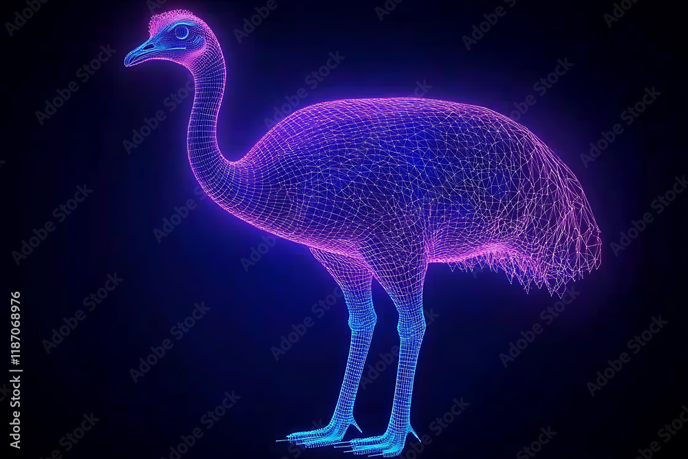 Obraz premium Glowing wireframe of an ostrich standing in the savannah on a transparent background, highlighted by a combination of blue and black data points