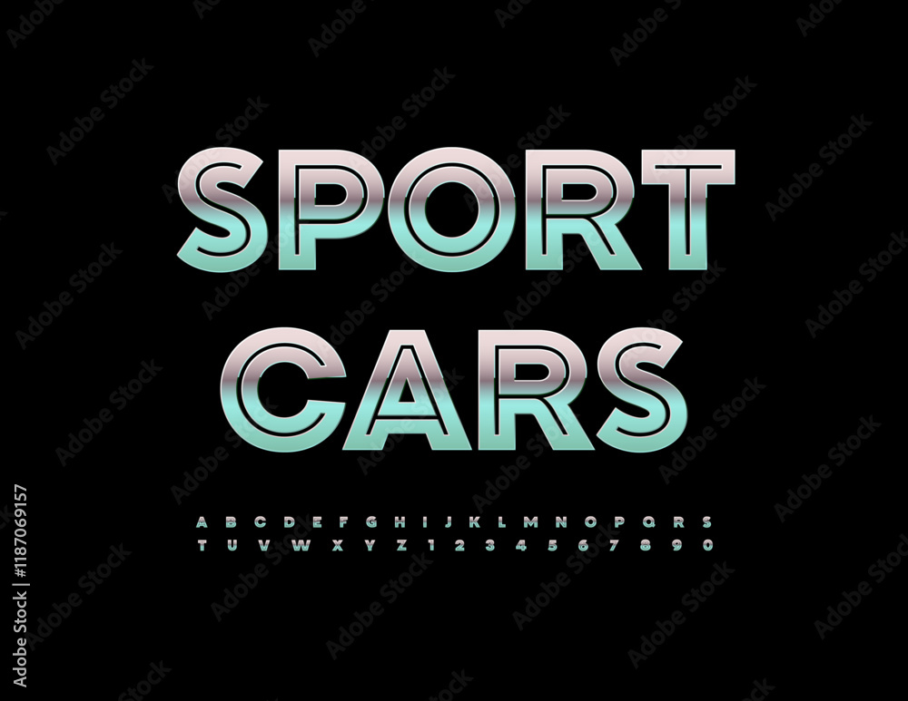 Obraz premium Vector metallic emblem Sport Cars. Fashion Silver Font. Digital Uppercase Alphabet Letters and Numbers set. 