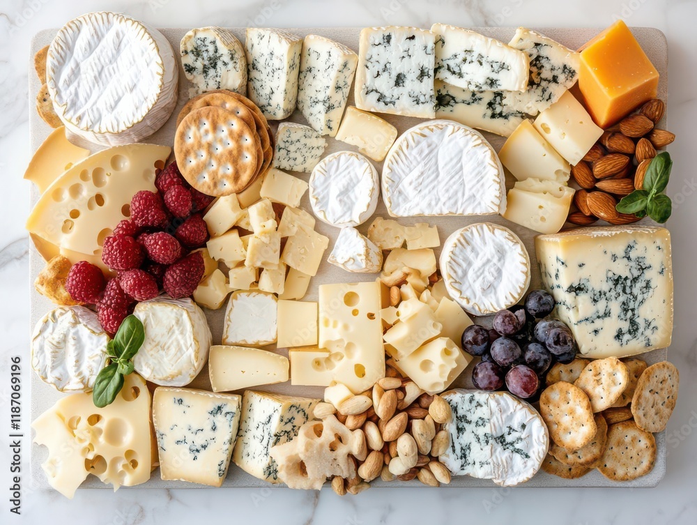 Top-down perspective of a Gourmet Cheese Platter, emphasizing meticulous food safety and high standard in presentation