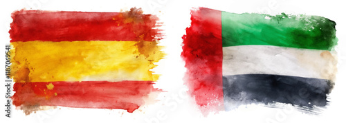 Watercolor flags, Spain and UAE, vibrant colors, artistic representation, cultural symbols, international relations, creative design.