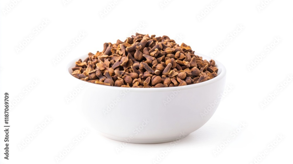 Dried clove or he aromatic flower buds of Syzygium aromaticum, spice from Indonesia. In a small white bowl. Isolated on white background Dried clove or he aromatic flower buds of Syzygium aromaticum, spice from Indonesia. In a small white bowl. Isolated on white background