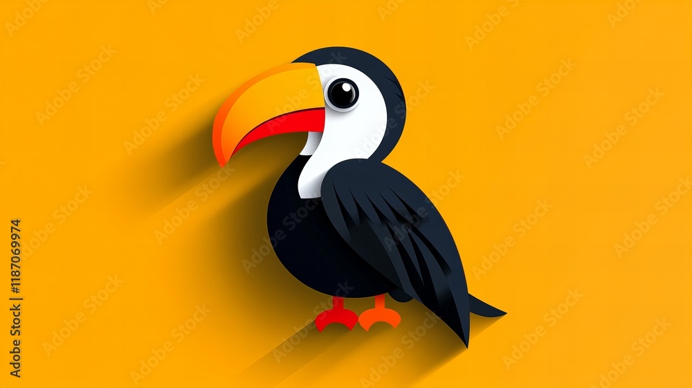 Fototapeta premium Vibrant toucan illustration against a sunny yellow backdrop. A playful, colorful design.