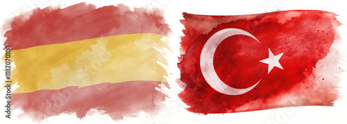 Watercolor flags, Spain and Turkey, vibrant colors, artistic representation, cultural symbols, international relations, decorative design.