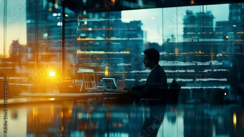 Wallpaper Mural Professional working late with illuminated digital displays, modern office space at sunset with city lights creating atmospheric environment. Torontodigital.ca