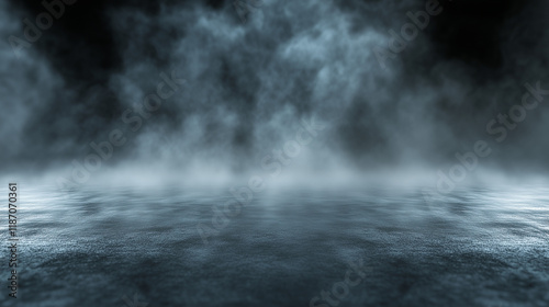 Mysterious foggy landscape with reflective surface and dark atmosphere perfect for cinematic designs, moody scenes, and conceptual backgrounds. Dark backdrop with empty copy space