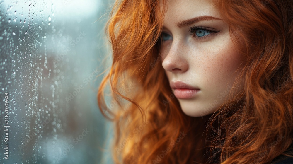 Redhead Woman Gazing Through Rainy Window Redhead Woman Gazing Through Rainy Window