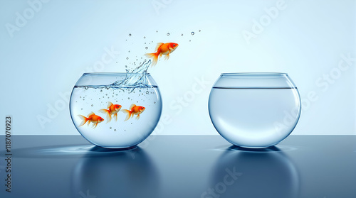 Two Glass Fishbowls on White Surface With Soft Blue Gradient Background | Round Fish Aquarium