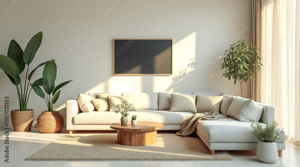 Naklejka premium bright living room with beige sectional sofa wooden coffee table
