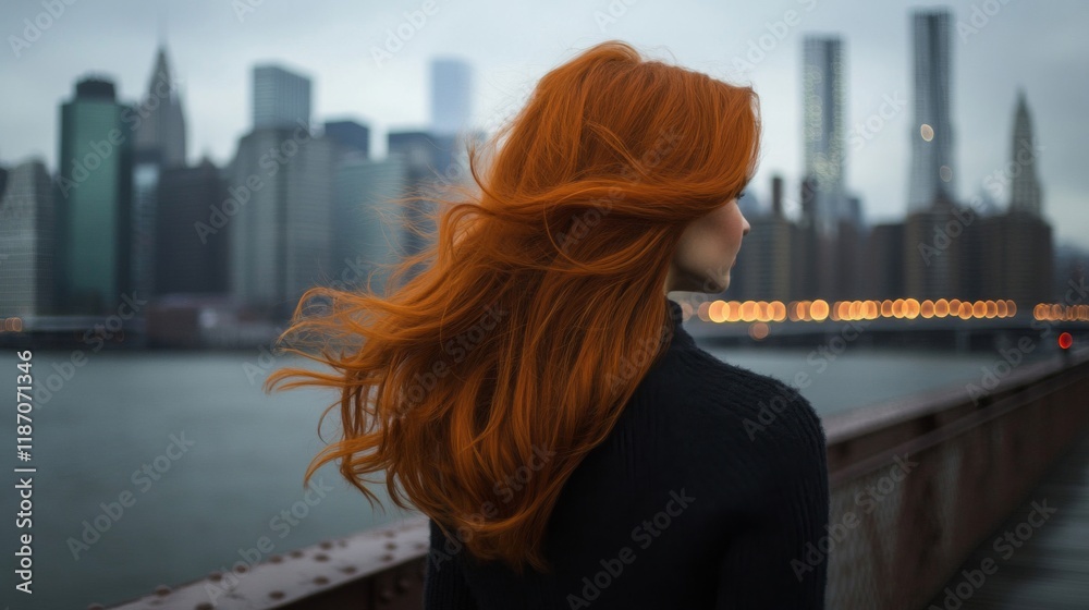 Redhead Woman Facing City Skyline Contemplating Redhead Woman Facing City Skyline Contemplating