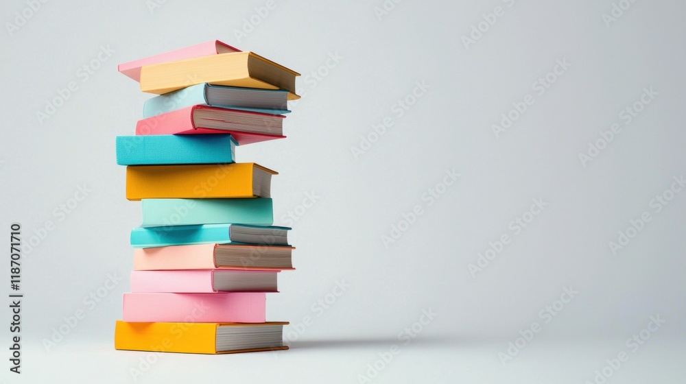 A tall stack of books with vibrant, multi colored covers arranged randomly, creating a sense of playful chaos and literary abundance against a plain white background. A tall stack of books with vibrant, multi colored covers arranged randomly, creating a sense of playful chaos and literary abundance against a plain white background.