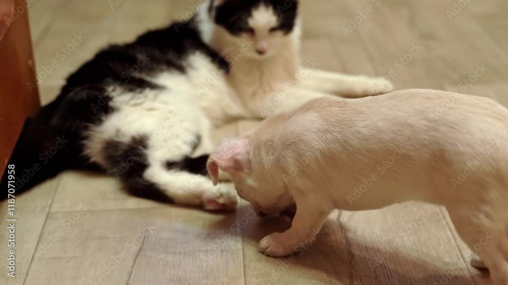 Adorable piglet curiously exploring and nudging a resting cat on a tiled floor Adorable piglet curiously exploring and nudging a resting cat on a tiled floor