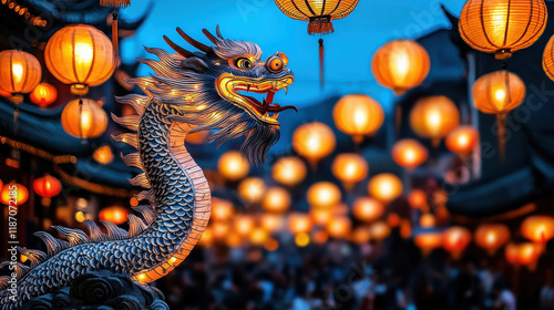 vibrant dragon dance under sky filled with glowing lanterns creates festive atmosphere. intricate details of dragon stand out against warm glow of lanterns photo