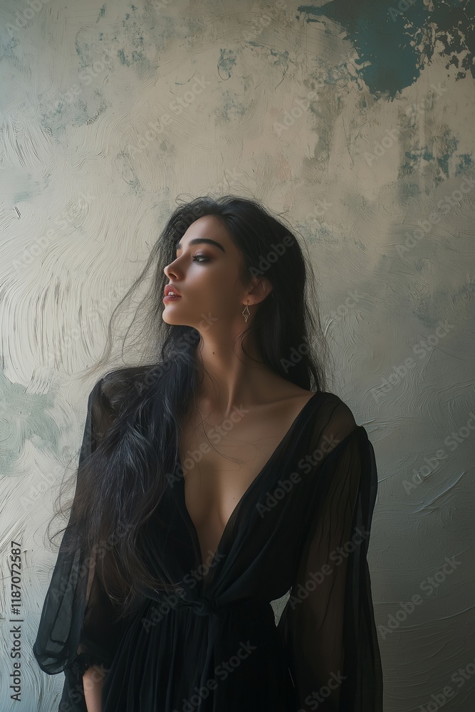 A captivating portrait of a woman with flowing hair in elegant black attire against a textured backdrop.