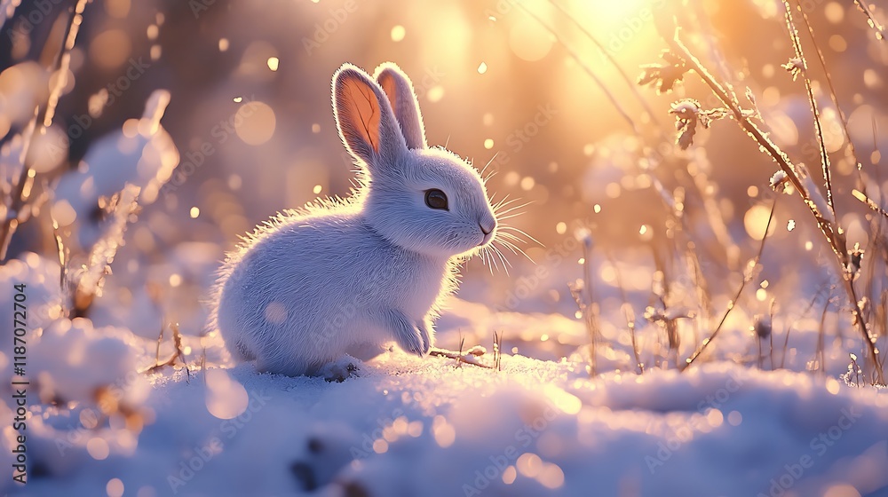A close-up of a snowy rabbit hopping through a field, its small body blending with the snow as it searches for food in the winter landscape A close-up of a snowy rabbit hopping through a field, its small body blending with the snow as it searches for food in the winter landscape