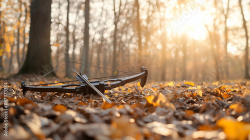 Crossbow on Leaves in Autumn Forest with Nearby Quiver photo