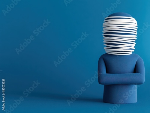 Abstract representation of a humanoid figure wrapped in white wire against a vivid blue background, symbolizing entrapment or confinement in creativity and thoughts. photo