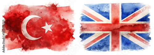 Watercolor flags, Turkey and UK, vibrant colors, artistic representation, cultural symbols, international relations, creative design.