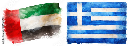 Watercolor flags, UAE and Greece, vibrant colors, artistic representation, cultural symbols, international relations, abstract design.