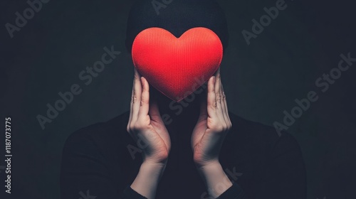 Mysterious Figure with Red Heart Covering Face in Dark Surroundings Symbolizing Love, Emotions, and Inner Feelings in a Unique Artistic Expression photo