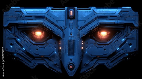 Futuristic blue metallic faceplate with glowing orange eyes.